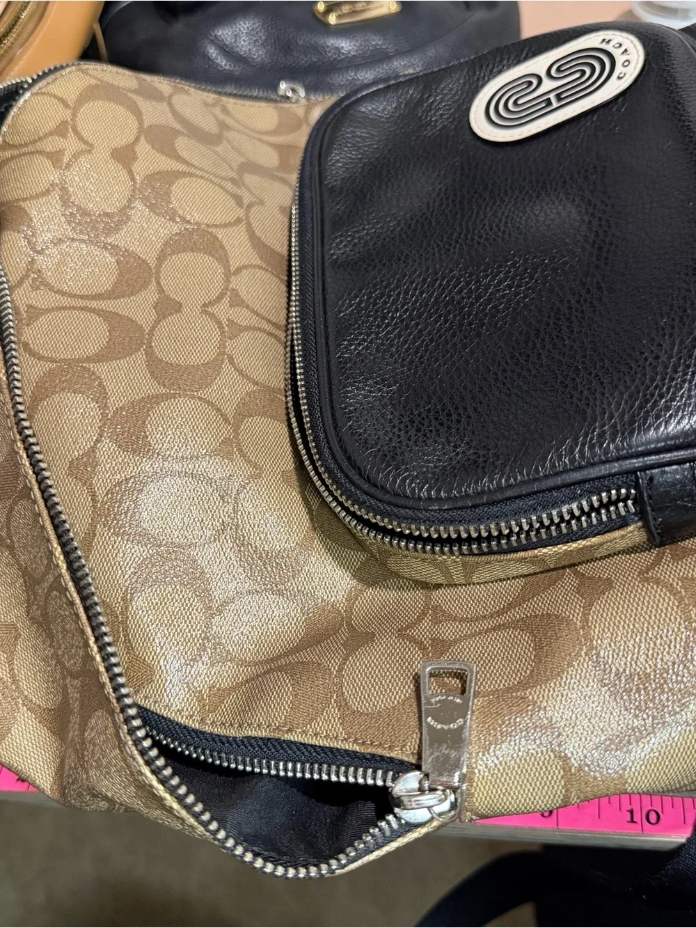 Coach Tan Signature Canvas Backpack with Black Leather and includes wallet